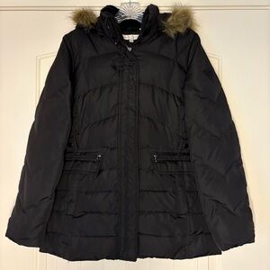 Down Hooded Puffer Jacket Women Medium Faux Fur ‎ Hood Trim Adjustable Waist Ski
